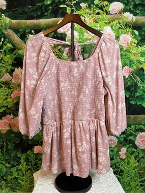 Siren Lily Pink Floral Smocked Peplum Blouse